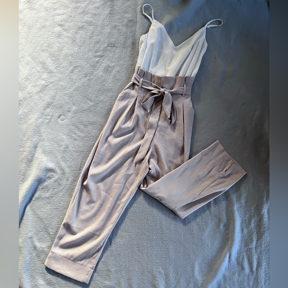 “Who I Am” White + Tan Paperbag Tie Waist Jumpsuit Sz 12 - Picture 2 of 7